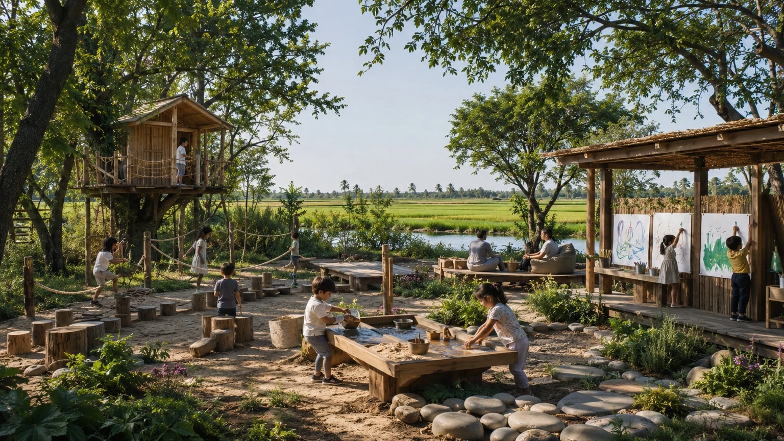 کودکان در فضای بازی طبیعی با خانه درختی، میز فعالیت و تخته نقاشی در تصویر مفهومی Z VILLAGE