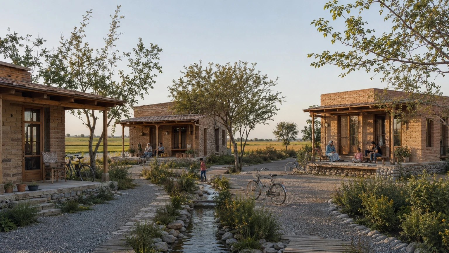 مسیرهای پیاده کنار آبراه و بناهای کم‌ارتفاع، با دوچرخه و فضای سبز در تصویر مفهومی Z VILLAGE
