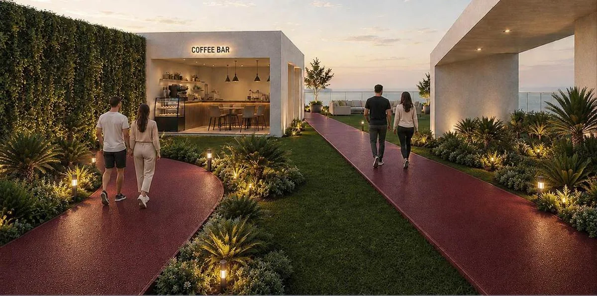 Walking path in the roof garden with a cafe, in a Z VIEW concept image