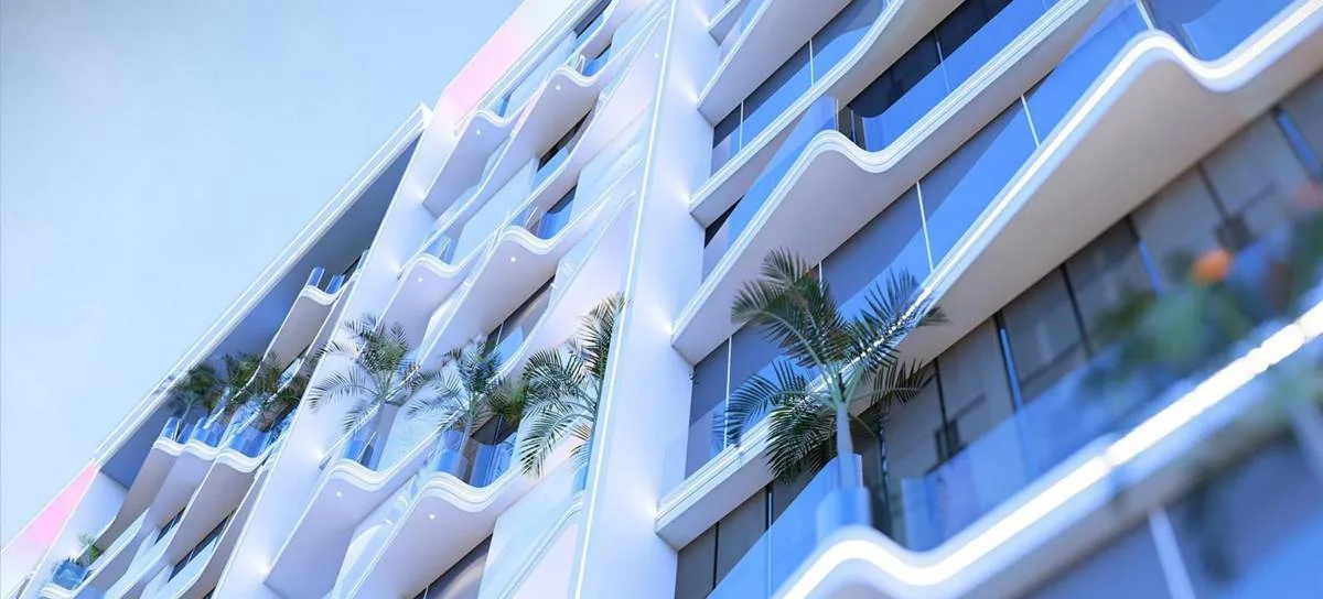 Residential building with curved terraces and plants, in a Z VIEW concept image