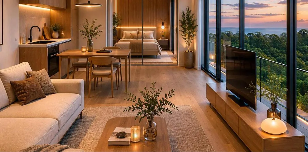Living room and kitchen of a small unit facing the view, in a Z VIEW concept image