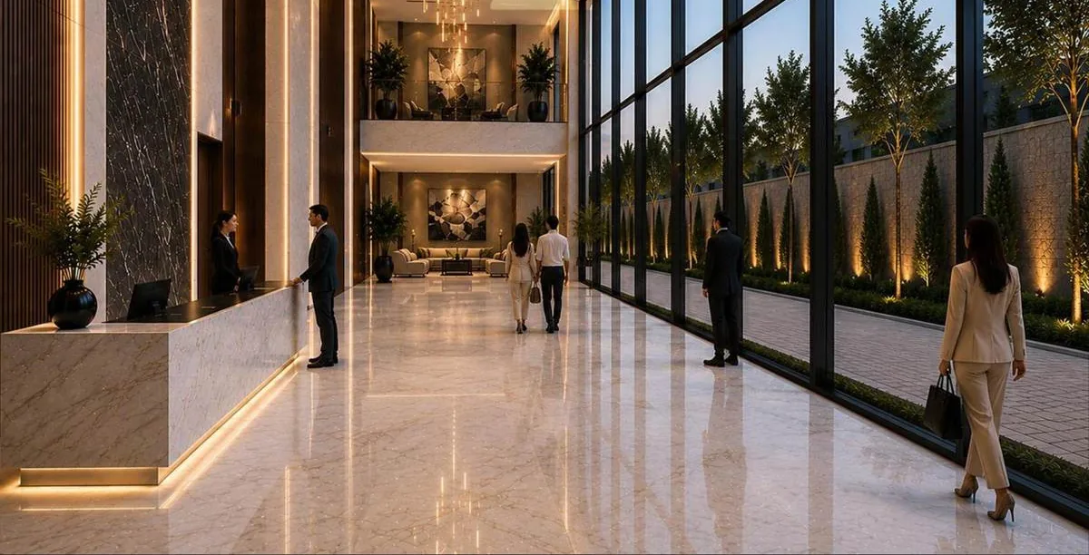 Bright lobby with tall glazing and an entrance path, in a Z VIEW concept image