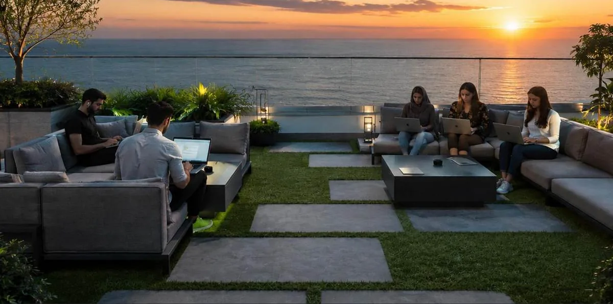 Rooftop with seating and stone paving at sunset facing the sea, in a Z VIEW concept image