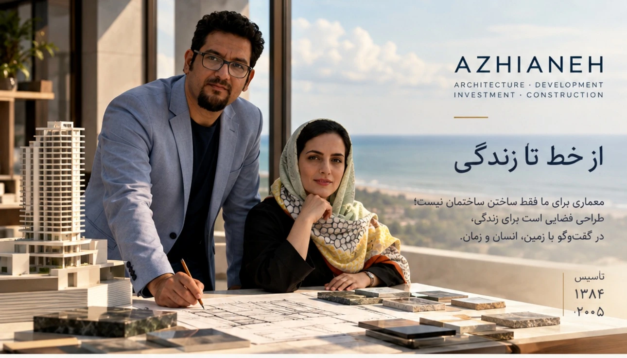 دکتر حسن طاهری و دکتر شکوفه ظاهری کنار ماکت برج رو به دریا؛ آژیانه، از خط تا زندگی